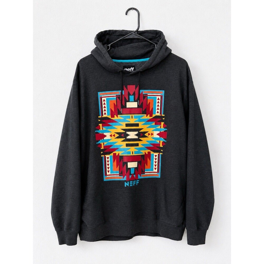 Neff Men’s Black Aztec Geometric Graphic Pullover Hoodie Long Sleeve Pockets L